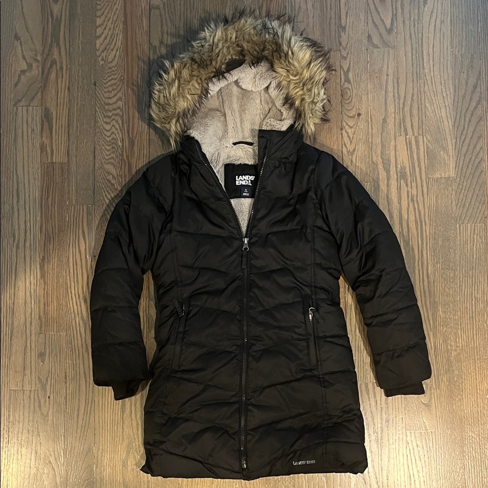 Lands' End Kids Black Puffer Jacket with Faux Fur Trim Size S (7/8)